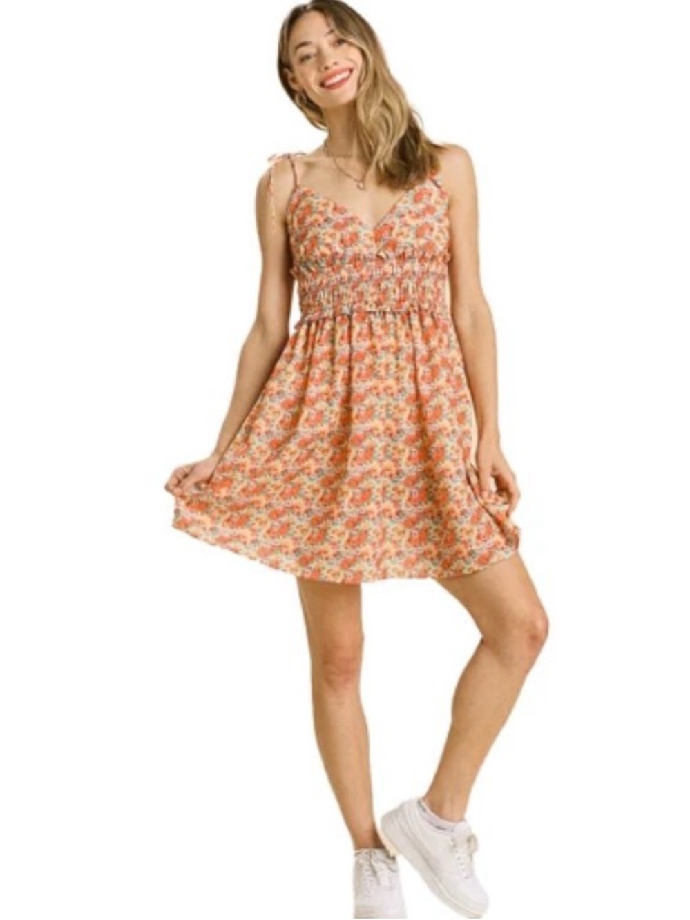 Umgee Coral Floral Smocked Mini Sundress Size Large Boho Cottagecore